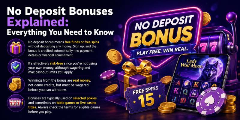 No deposit casino bonus banner with free spins and wagering requirements for NZ players