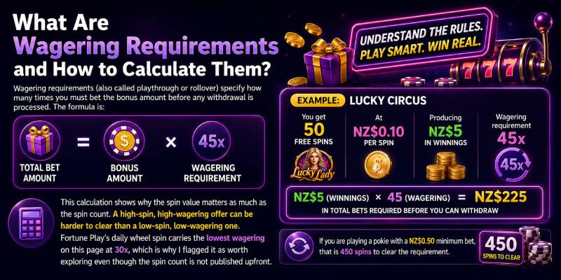 Wagering requirements casino banner with rollover formula and free spins calculation example
